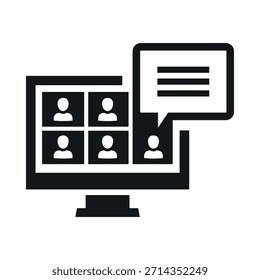 Icono de formación en línea que muestra a varios participantes que se unen a una sesión virtual con funciones de chat