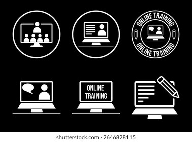 Diseño de conjunto de iconos de entrenamiento en línea, icono de seminario web para diseño de Sitio web, logotipo, App, Plantilla, ui blanco sobre fondo negro