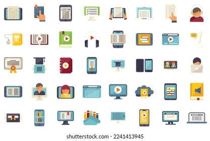 Online training icons set flat vector. Distance course. Class education isolated