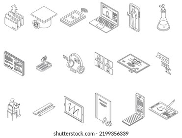 Online training icons set. Isometric set of online training vector icons outline thin lne isolated on white