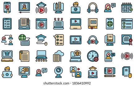 Online training icons set. Outline set of online training vector icons thin line color flat on white