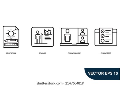 Online training icons set . Online training  pack symbol vector elements for infographic web