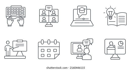 Online training icons set . Online training pack symbol vector elements for infographic web