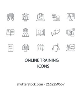 Online training icons set . Online training pack symbol vector elements for infographic web