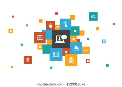 Online Training Infographic 10 steps pixel design. Distance Learning, learning process, elearning, seminar icons