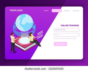 Online training landing page with male and female characters and glow globe icon as symbol of learning without geographical borders vector illustration