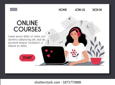 Online training language course website template. E learning at home. Young woman in headphones listening to a webinar or lecture. UI UX design landing page. Stock vector flat character illustration.