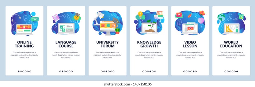 Online training, language courses web site and mobile app onboarding screens. Menu banner vector template for website and application development.