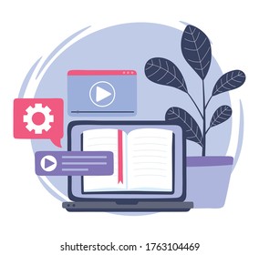 online training, laptop ebook class video player, education and courses learning digital vector illustration
