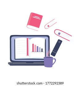 online training, laptop statistics report book lesson, education and courses learning digital vector illustration