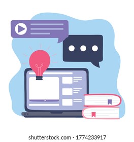 Online-Schulung, Notebook-Talkblasen Bücher und Website, Bildung und Kurse, die digitale Vektorgrafik lernen