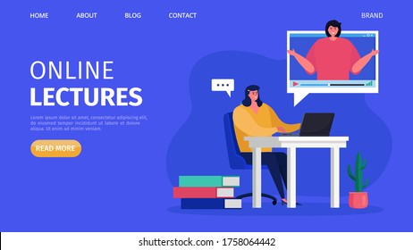 Online training lectures, vector illustration. Business education in internet, study at flat webinar and tutorial. People student at web course concept, landing banner. Cartoon digital university.