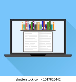 Online training, online library. Computer screensaver from the books. Bookshelves with books on computer screen. Flat design, vector illustration, vector.