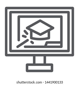Online training line icon, education and study, graduation cap and laptop sign, vector graphics, a linear pattern on a white background, eps 10.