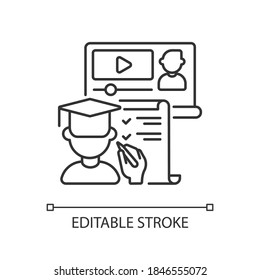Online training linear icon. E learning on quarantine. Internet education. Webinar for student. Thin line customizable illustration. Contour symbol. Vector isolated outline drawing. Editable stroke