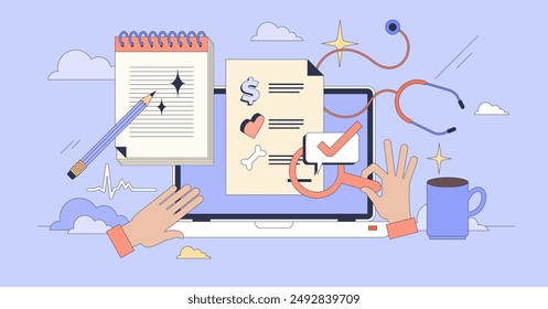 Online training for medical billing, coding tiny person neubrutalism concept. Digital course for healthcare financial paperwork management and understanding insurance coverage vector illustration.