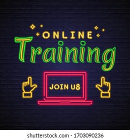 Online Training Neon Light Glowing Vector Illustration. Online lesson, Course, Join Us Button Sign Neon Bright