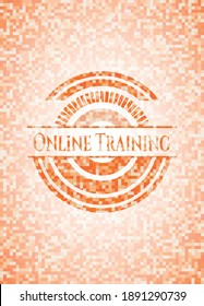 Online Training orange tile background illustration. Square geometric mosaic seamless pattern with emblem inside. 