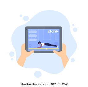 online training, plank exercise, tablet in hands, vector illustration