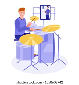Online training to play the drums. Vector flat illustration.