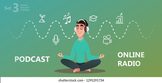 Online training, podcast, radio. Podcast concept illustration. People learning on laptop and smartphone study on podcast. A man listens to a lesson in a large concept headphones. Isolated illustration