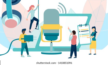 Online training, podcast, radio. Podcast concept illustration. People working together for creating podcast.  Isolated illustration