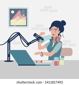 Online training, podcast, radio. Podcast concept illustration. Girl working for recording podcast.  Isolated illustration
