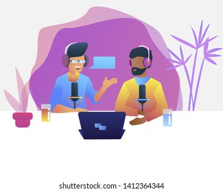 Online training, podcast, radio. Podcast concept illustration. People working together for creating podcast.  Isolated gradient illustration