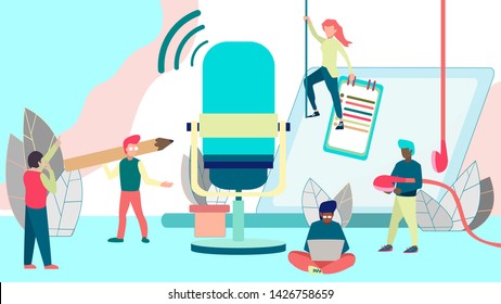 Online training, podcast, radio. Podcast concept illustration. People working together for creating podcast.  Isolated illustration
