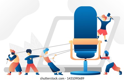 Online training, podcast, radio. Podcast concept illustration. People working together for creating podcast. Microphone Isolated vector illustration 

