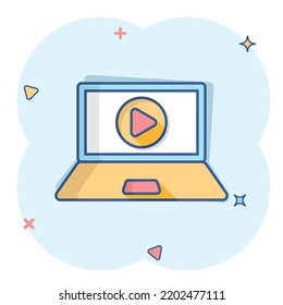 Online training process icon in comic style. Webinar seminar vector cartoon illustration pictogram. E-learning business concept splash effect.