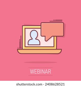 Online training process icon in comic style. Webinar seminar vector cartoon illustration pictogram. E-learning business concept splash effect.
