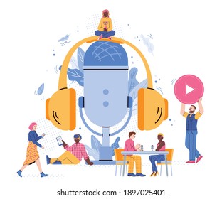 Online training or radio podcast banner or cover backdrop with tiny people characters next to huge microphone, flat vector illustration isolated on white background.