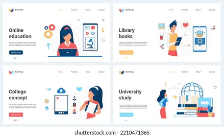 Online training services, distance education and graduation set vector illustration. Cartoon students study with program from cloud, library concept for banner, website design or landing web page