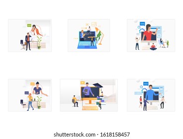 Online training set. Trainer speaking on computer monitor, people talking on cell. Flat vector illustrations. Learning, seminar, customer support concept for banner, website design or landing web page