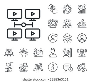 Signo de entrenamiento en línea. Iconos del perfil de especialista, médico y de la competencia laboral. Icono de línea de conferencia virtual. Símbolo de presentación del equipo de vídeo. Señal de la línea de videoconferencia. Vector