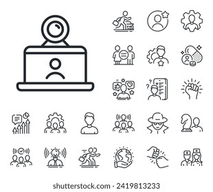 Online training sign. Specialist, doctor and job competition outline icons. Video conference line icon. Web camera symbol. Video conference line sign. Avatar placeholder, spy headshot icon. Vector