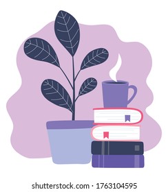online training, stack of books coffee cup and plant, education and courses learning digital vector illustration
