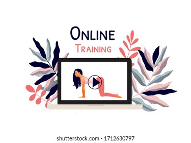 Online training. Stay at home. Lockdown. Covid-2019 quarantine. Woman practicing yoga exercise on laptop screen. Modern flat design concept of web page design or mobile website. Vector illustration