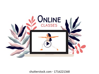 Online training. Stay at home. Lockdown. Covid-2019 quarantine. Woman practicing yoga exercise on laptop screen. Modern flat design concept of web page design or mobile website. Vector illustration