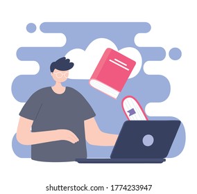 online training, student boy with computer and books, education and courses learning digital vector illustration