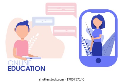 Online-Training Schüler mit digitalem Kurs mit Lehrer. Online Schule Webinar, Video Stream on Device.Technology Education Konzept. Flache Vektorillustration.