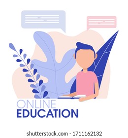 Online training student with digital course with teacher. Online school webinar, video stream on device.Technology education concept. Flat vector illustration.