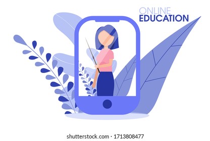 Online training student with digital course with teacher. Online school webinar, video stream on device.Technology education concept. Flat vector illustration.