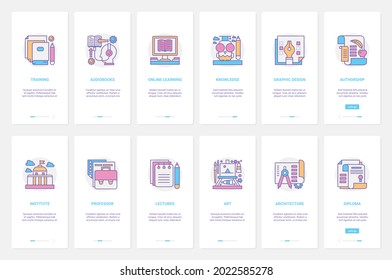 Online training, study and teaching students, education technology vector illustration. UX, UI onboarding mobile app page screen set with line high school, university knowledge lecture, diploma