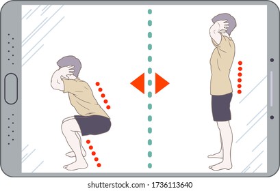 Entrenamiento en línea con una tableta en casa, en cuclillas