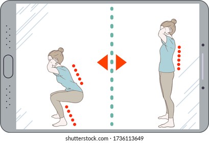 Entrenamiento en línea con una tableta en casa, en cuclillas