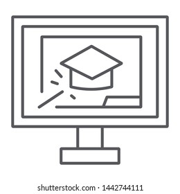 Online training thin line icon, education and study, graduation cap and laptop sign, vector graphics, a linear pattern on a white background, eps 10.