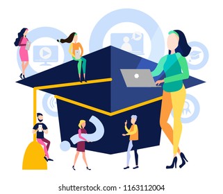 Online training, trainings, courses for students, managers, employees, businessmen, professional development. People get knowledge from the Internet. Lessons and seminars. Vector illustration