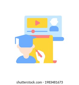Icono de pantalla plana de entrenamiento en línea. E aprendiendo durante la cuarentena. Educación en Internet. Lección de video para curso remoto. Dibujo de dibujos animados para aplicaciones móviles. Ilustración RGB aislada